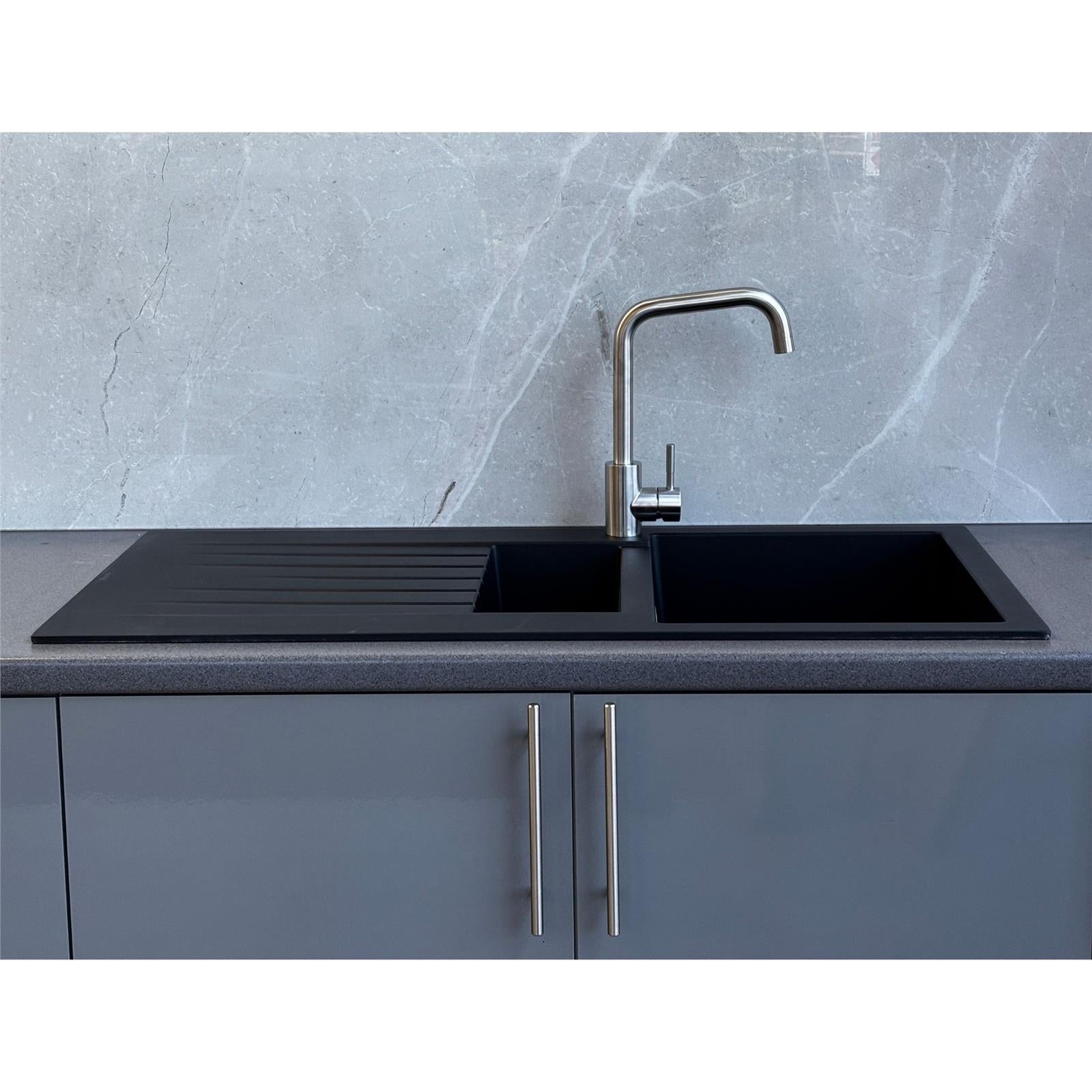 Liquida GRN150BL 1.5 Bowl Black Granite Reversible Kitchen Sink With Wastes